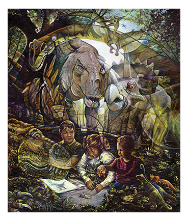 Dinosaur Hunting-An original Spirit Painting in Oil by Kathryn Rutherford-Heirloom Art Studio